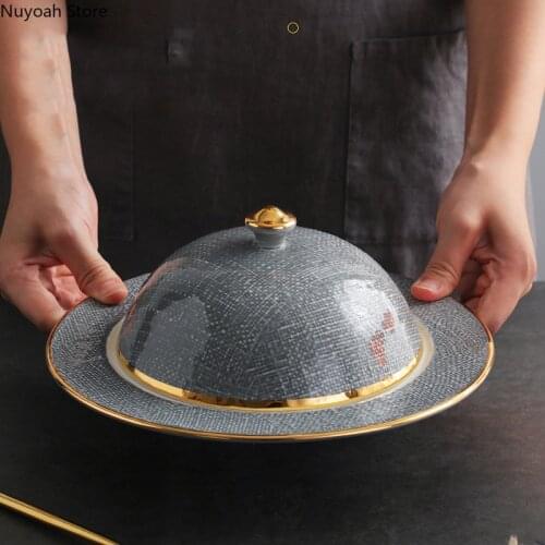 10 Inch Round Ceramic High-end Dinner Plate with Golden Stroke and Cover Steak Plate Hotel Western Restaurant Tableware Supplies