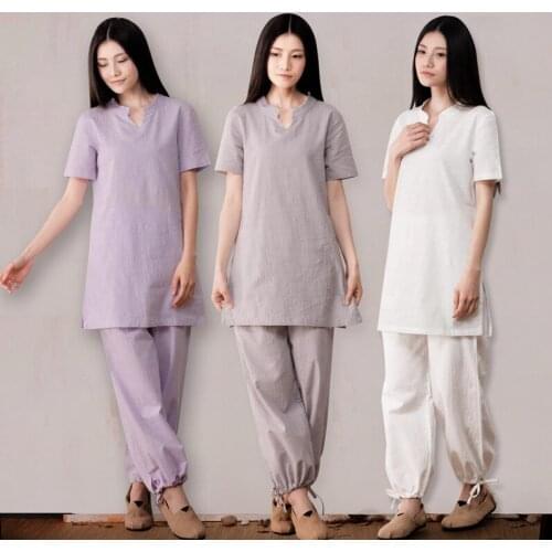 Summer Women Tai Chi Kungfu Martial Arts Uniforms Linen Quickly Dry Yoga Shirt Loose Pant Bloomers Jogger Exercise Casual Set