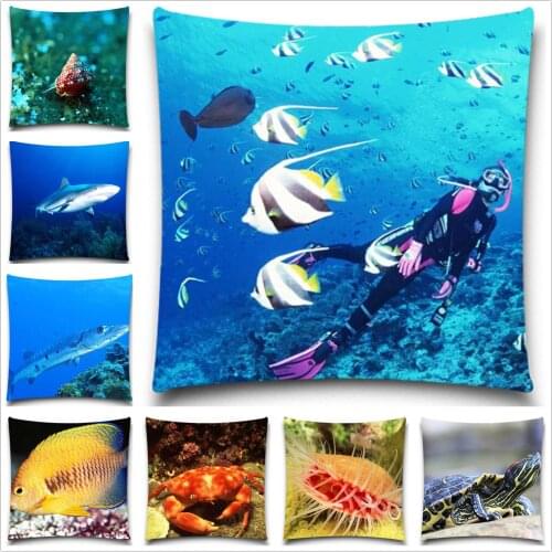 Undersea World Cushion Cover Colorful Fish Printing Throw Pillow Cover Square Cotton Polyester pillow case