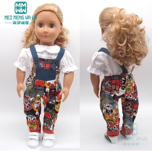 Clothes for doll fit 45cm American doll accessories White shirt, cartoon bib pants