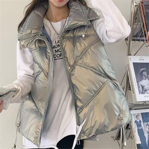 Autumn Winter New Shiny Down Vest Women Tops Thin Zipper Sleeveless Jacket Pocket Loose Korean Loose Waistcoat Ladies Coat G1396