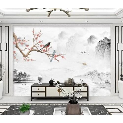 Custom wallpaper 3d mural Ink landscape plum blossom flower bird marble interior background decoration 3d wallpaper