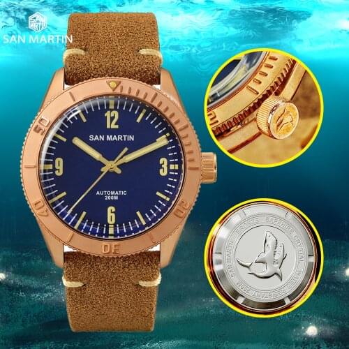 San Martin Cusn8 Bronze Luxury Mens Watches Automatic Diving Wristwatch Sapphire Glass Mechanical Waterproof C3 Luminous Watch