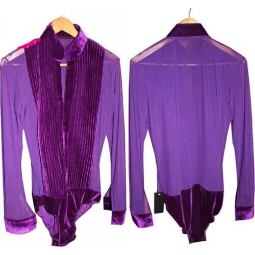 New Custom MenS Velvet Mesh Tops Professional Latin Dance Performance Shirt Long Sleeved Bodysuit Ballroom Men Shirts DWY2233