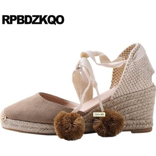 Genuine leather beige 3 inch sandals women lace up big size wedge high quality round toe pumps suede green heels shoes modern