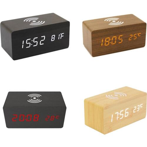 LED Wood Night Light Electric Digital Alarm Clock Lamp Multi-function Supports Wireless Harging of Smart Phones Desk Table Lamp