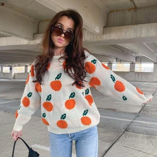 Sweaters Y2K Korean Fashion Printed 2021 Casual Loose Knitted Harajuku Pullovers Orange Long Sleeve Autumn Winter Cashmere Tee