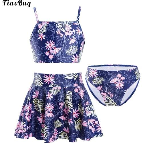 TiaoBug Summer 3Pcs Kids Girls Floral Print Swimsuit Adjustable Straps Crop Tops With Briefs And Skirt Swimwear Bikini Sets