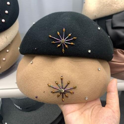Vintage High Quality Wool Berets For Women Autumn Winter New Style Pumpkin Hat Hand-woven Stewardess Hat Boina Rhinestone Hat