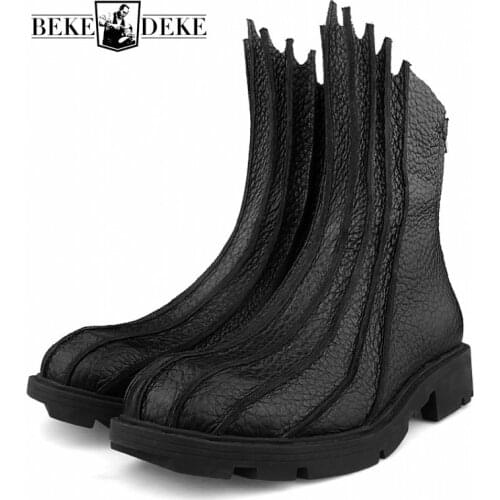 Personality Harajuku High Quality Genuine Leather Pathwork High Top Boots Winter Warm Round Toe Back Zip Male Mid Calf Boots