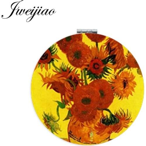 Youhaken Painting Craft Art Picture Flower Makeup Mirror Mini Round Folding Compact PU Leather Compact Pocket Mirror Vanity