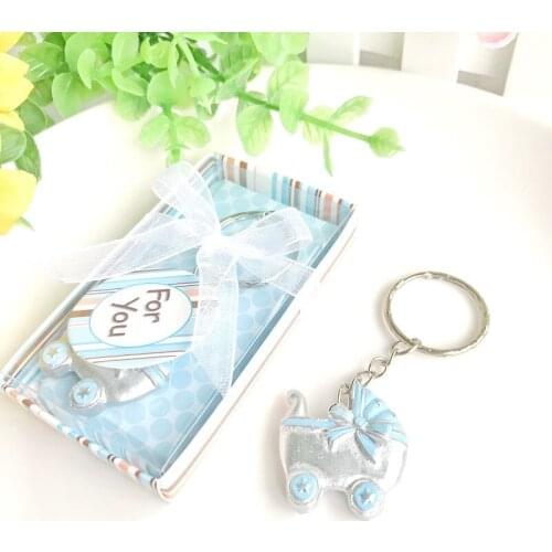 30pcs Pink/Blue Baby Carriage Design Key Chains Birth Christening Gift Keychain Favor Baby Shower Favors Souvenir