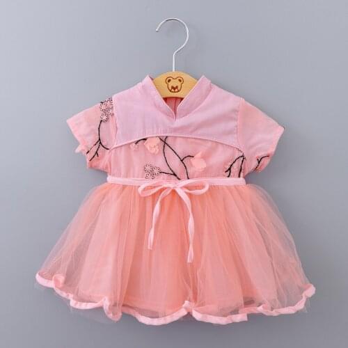 40# Newborn Baby Dresses Girls Short-sleeved Mesh Dress With Embroidery Ethnic Chinese Style Princess Dress Детская Одежда