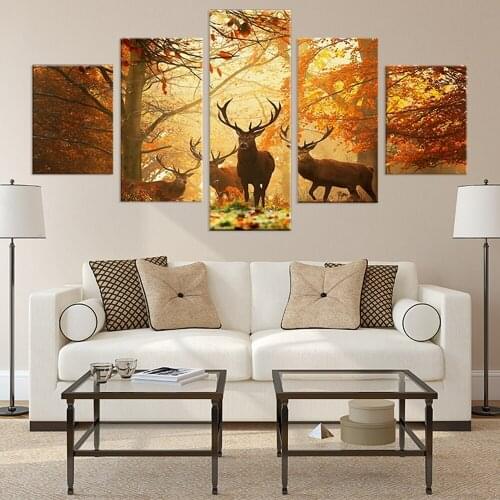 Canvas HD Prints Wall Art Pictures 5 Pieces Autumn Forest Animal Deers Paintings Living Room Home Decor Modular Poster Framework