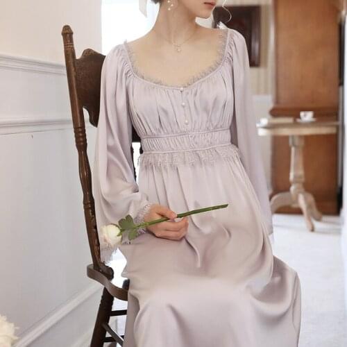 Satin Romantic Nightgown Women Autumn Lace Peignoir Victorian Vintage Long Night Dress Elegant Sexy Nightwear Ice Silk Sleepwear