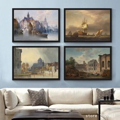 Cotton no frame classical ships seascape water city canvas printings oil painting printed on cotton wall art decoration picture