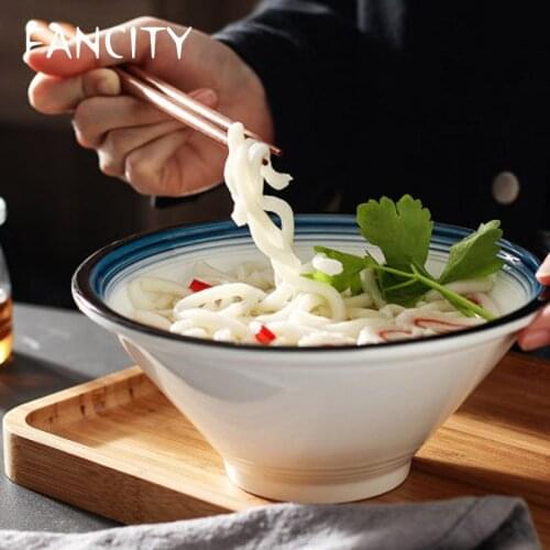 FANCITY Ceramic Japanese-style noodle bowl creative tableware blue line hat bowl household large ramen bowl soup bowl tableware