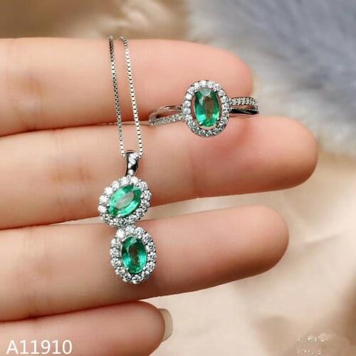 KJJEAXCMY Fine Jewelry 925 Sterling Silver Inlay Natural Emerald Jewelry Womens Ring Necklace Pendant Set Support Test