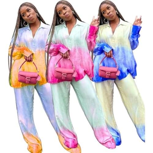 Two Piece Set Women 2021 New Fashion Sexy Loose Gradient Long-sleeved Shirt + Elastic Waistlong Pants Ladies African Suit Office
