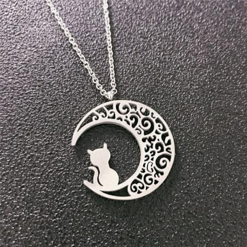 Gothic Bohemian Style Hollow Out Moon Cat Pet Pendant Wizard Magic Fashionable Versatile Clavicle Necklace