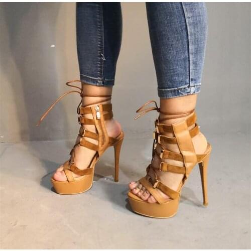 Hot Selling Brown Leather High Platform Gladiator Sandals Women Lace-up Peep Toe Banquet Dress Shoes High Heels Real Photo
