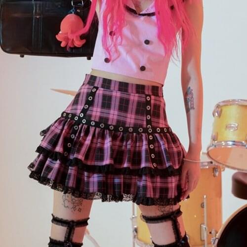 Sweet Lace High Waist Skirts Japanese Harajuku Hip Hop Punk Hot Girl Gothic Y2k Plaid Mini Skirt Ruffles Ball Gown Lolita Skirts