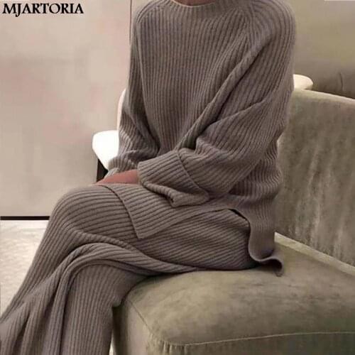 Fashion Knitted Suit Female Winter Womens Thin Warm Knit Pullover Sweater Two-Piece Suits High Waist Loose Wide Leg Pants Set