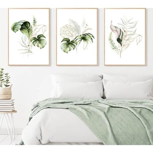 Green and Gold Leaves Wall Art Monstera Leaf Poster and Print Nordic Canvas Painting Pictures for Living Room Home Decoration