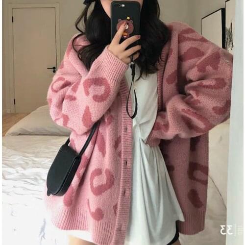 New Leopard Print Ins Super Hot Women Sweater Cardigan Loose Autumn and Winter Knitted Jacket Retro Oversize Sweat G903