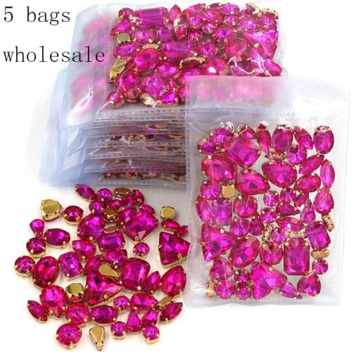 New arrival Wholesale 5 bags mixed shape sew on glass crystal Rose red rhinestones gold base for clothing/dress