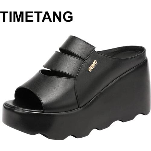TIMETANGBig Size Fashion 2021Women Slippers High Heels Cutout Split Leather Shoes Female Platform Wedge Slippers Soft Bottom Red