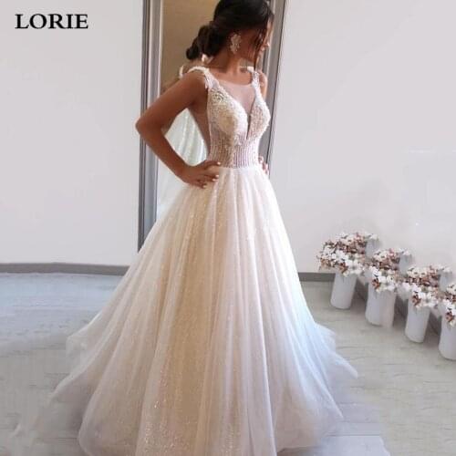 LORIE Unique Beaded Lace Wedding Dresses A Line Glitter Tulle corset Princess Bridal Gowns Lace Up Back Wedding Bride Dresses