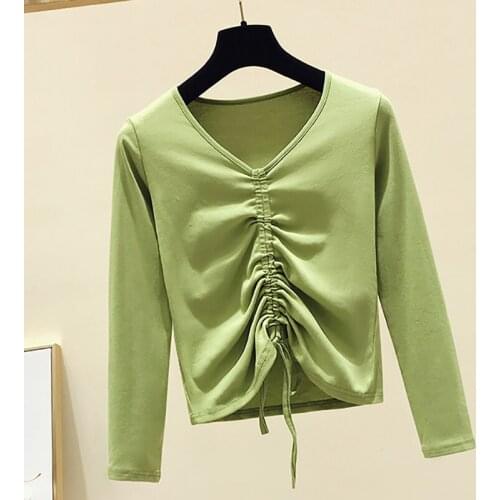 Korean Style Women Tshirt Long Sleeve Cotton Crop Tops Short T Shirt Female Sexy V-Neck Shirring Autumn Harajuku Tee Shirt Femme
