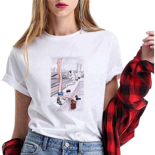 Women Graphic Female Tees summer Fashion Street Photography T-shirt Ladies White Short-Sleeved Tops Girl Casual T-shirt