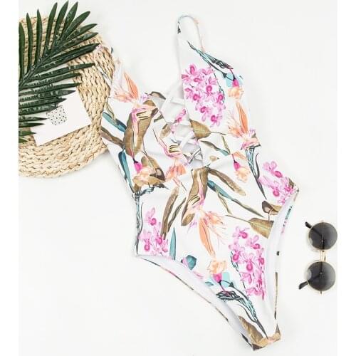 2020 Women Sexy One Piece Swimsuit Lace up Monokini Plunge Backless Bathing Suit Swimwear