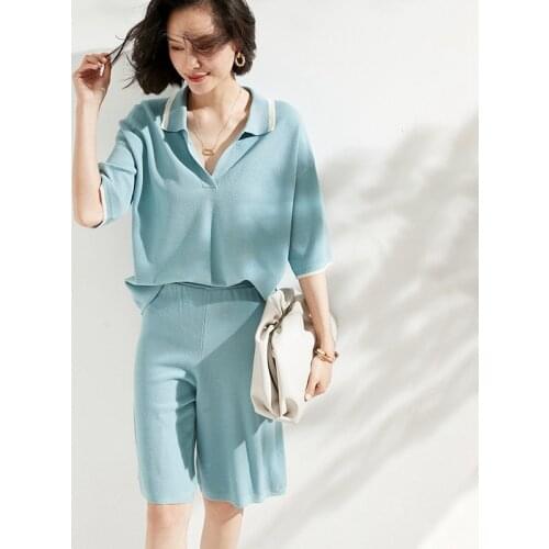 Spring and summer 2021 worsted thin knitted wool suit womens leisure commuting slim half sleeve + shorts two piece set