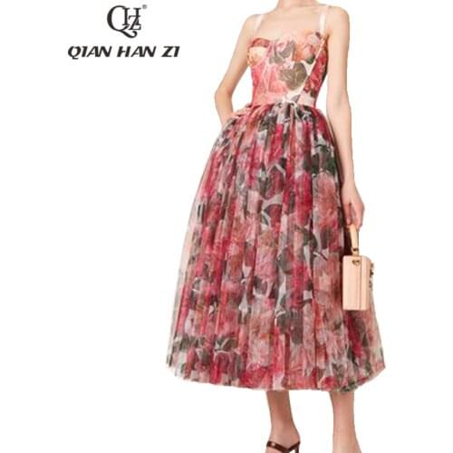 Qian Han Zi Runway Fashion Summer Dress 2021 Spaghetti Strap Red Flower Print Elegant Long Beach Party Dress for women
