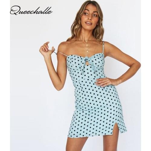 Summer Dress Beach Style Spaghetti Strap Sexy Split Mini Dress Bow Ties Polka Dot Print Dresses for Women Boho Female Vestidos