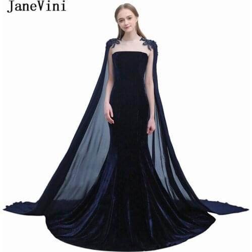 JaneVini 2021 Luxury Dubai Mermaid Long Evening Dresses with Cape Appliques Beading Navy Blue Saudi Arabia Velvet Formal Gowns