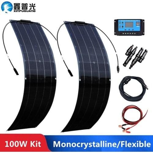 2pcs 50W Solar Panel 100W Kit Complete 12V High Efficiency Mono Cell Flexible Solar Panels With Charge Controller PV Cable