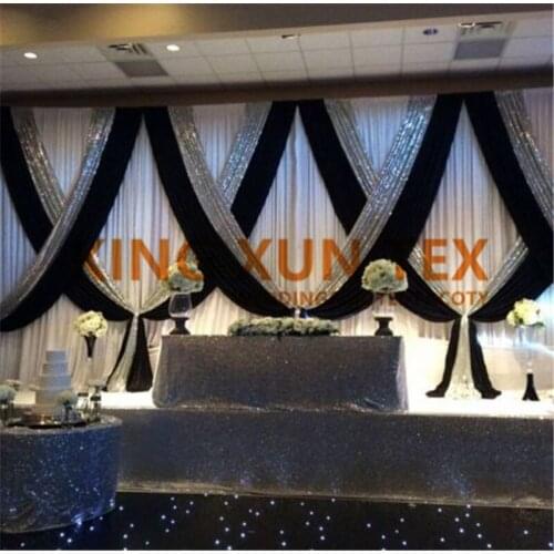 3m*6m Wholesale Price White Wedding Backdrop Curtain With Black Color Silver Sequin Backdrop Drape Swag Valance Decoration