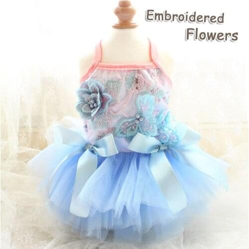 Free Shipping Handmade High-End Dog Clothes Blue Sea Embroidery Flowers Voluminous Tulle Gown Princess Dress Cat Yorkie