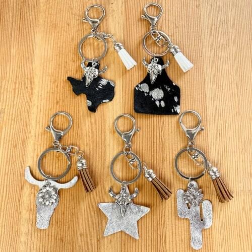 Genuine Leather Tassel Horsehair Cow Tag Star Cactus Pendant Keychain Fashion Cowboy Handle Key Ring Car Bag Hanging Jewelry