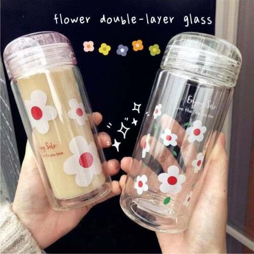 Girls Heart Water Cup Hyuna Style Cute Flower Double Glass Cup Girl Student Korean Anti-scalding Milk Coffee Cup