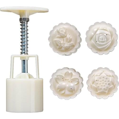 50g Mooncake Mold with 4 Round Rose Flower Stamps Cookie Cutter Hand Press Mould