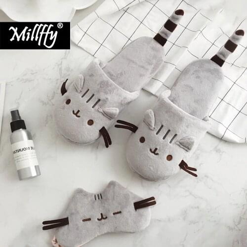 Millffy Cute cozy home indoor warm Cat Street Cat Cartoon Plush Travel Airplane Sleep cat animal Slippers