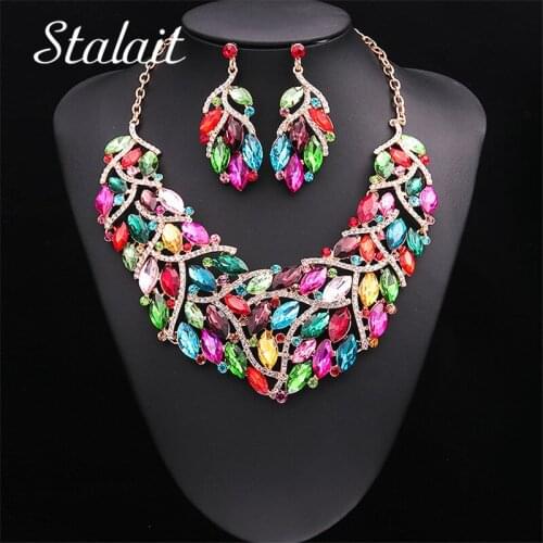Fashion Red Blue Leaf Crystal Geometric Metal Necklaces Earrings Statement Gold Color Wedding Jewelry Set For Women Party Gifts