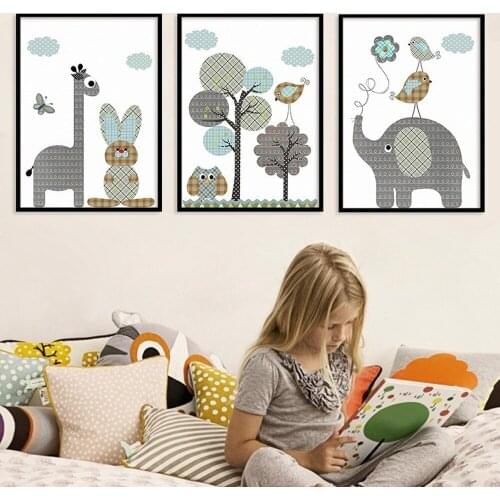 Cartoon Lattice Doll Canvas Painting Cute Rabbit Giraffe Elephant Animal Print Poster Kindergarten Children Room Decor Pictures
