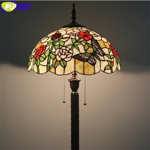 FUMAT Tiffany Floor Lamp Red Pink Rose Butterfly Stained Glass Lampshade Alloy Frame Light Handcraft Arts Home Decor Multe Color