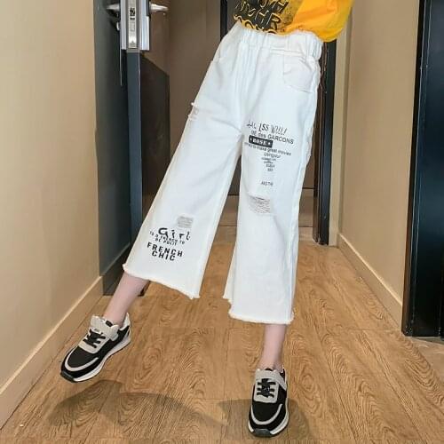 New Summer White Denim Short Pants for Girls Casual Kids Calf Length Jeans Pants Teenager Girl Wide Leg Denim Trousers Age 4-13T